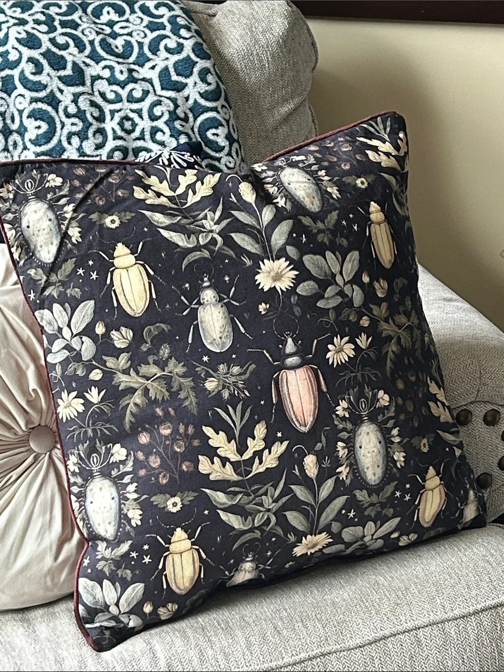 NEW! Shabby Chic Gothic Dark Floral Toile & Beetle Insect Accent Throw Pillow